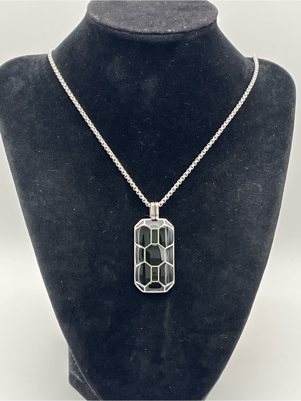 24”. Stainless Steel Dog Tag with Black Geometric Inlay
